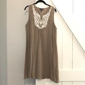 Luxology tan shift dress with embroidery